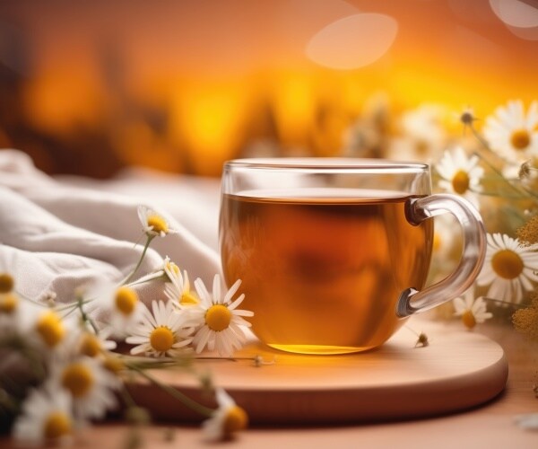 chamomile tea on table next to bed