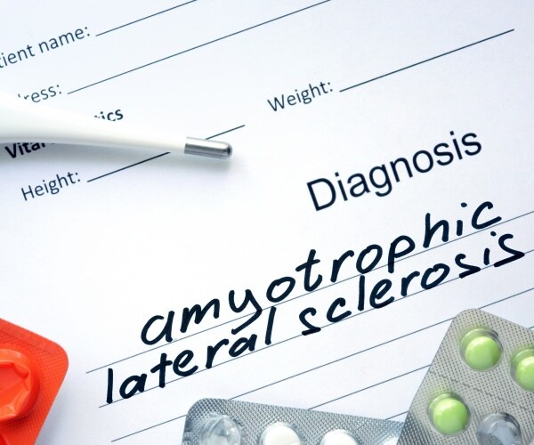 diagnosis pad says "amyotrophic lateral sclerosis" and some medications, thermometer around it