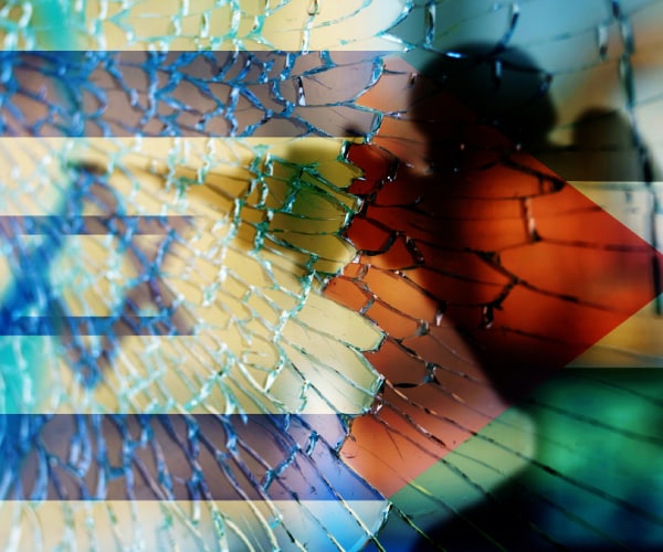 israeli and palestinian flags behind cracked glass with a shadow of a man with an assault rifle