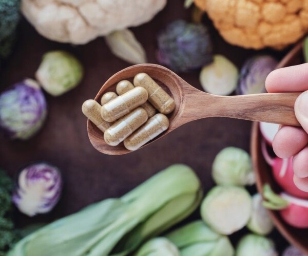 spoon with fiber supplements held above fresh vegetables