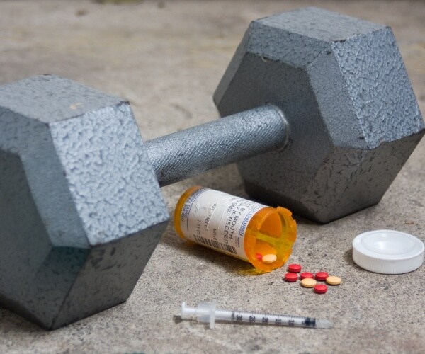 big dumbbell weight, prescription drugs, syringe