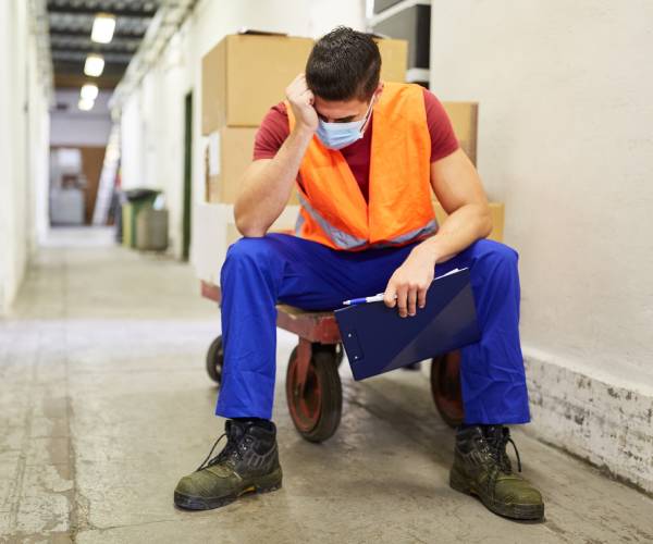 a construction worker with a facemask sitting an looking fatigued