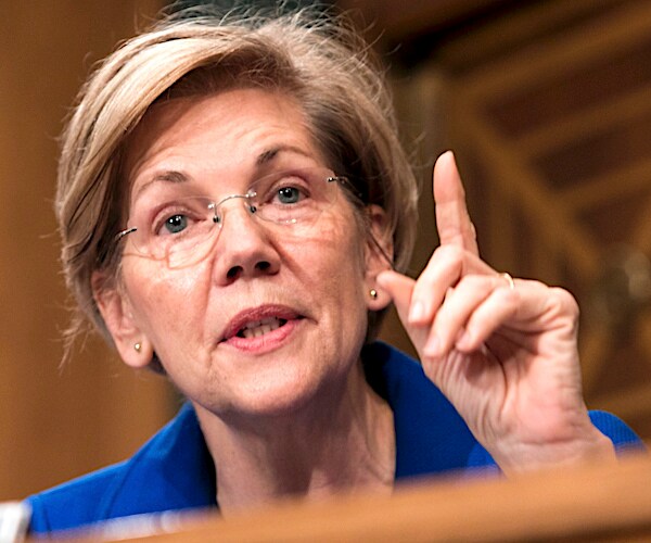 democratic massachusetts senator elizabeth warren points her left index finger upward while delivering remarks