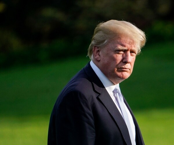 trump in a suit and light blue tie standing outside in the wh lawn