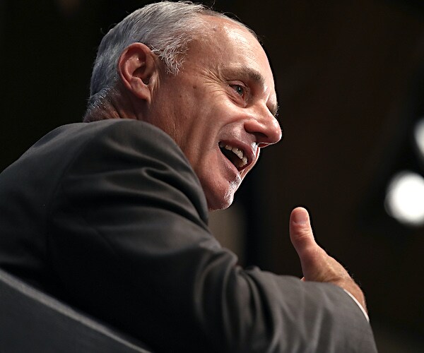 commissioner rob manfred speaks during a news conference