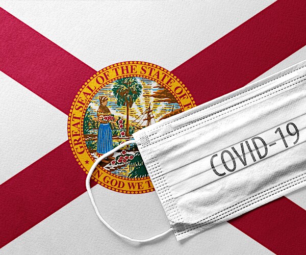 a graphic showing the florida state flag and a face mask marked coronavirus