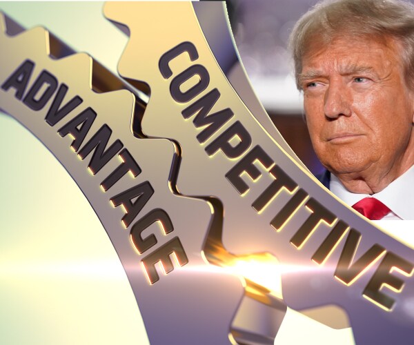 gears labled competitive advantage with a picture of donald trump in the corner