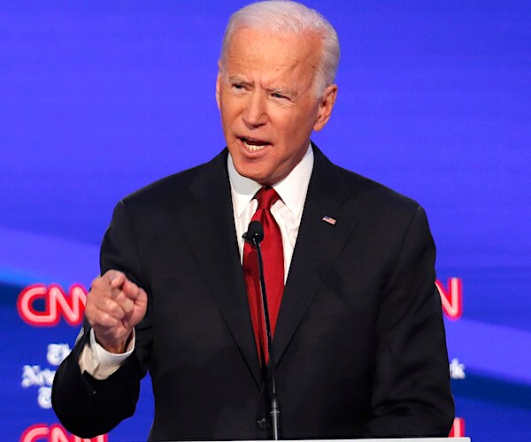 former vice president joe biden gestures and speaks forcibly during the democratic presidential debate