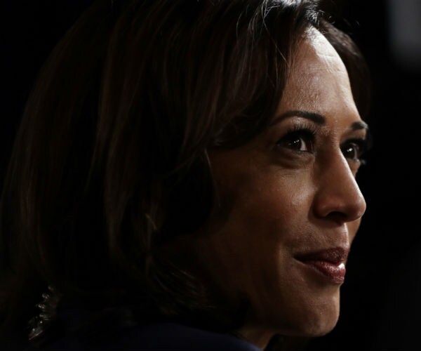 sen. kamala harris talks to media in the spin room following the democratic presidential primary debate hosted by abc