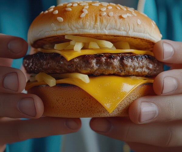 close-up of fast-food burger with cheese and onions