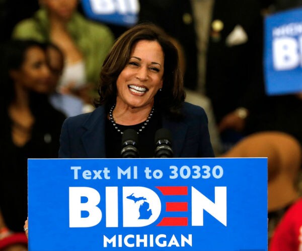 kamala harris is seen smiling at a podium at a biden campaign rally in detroit