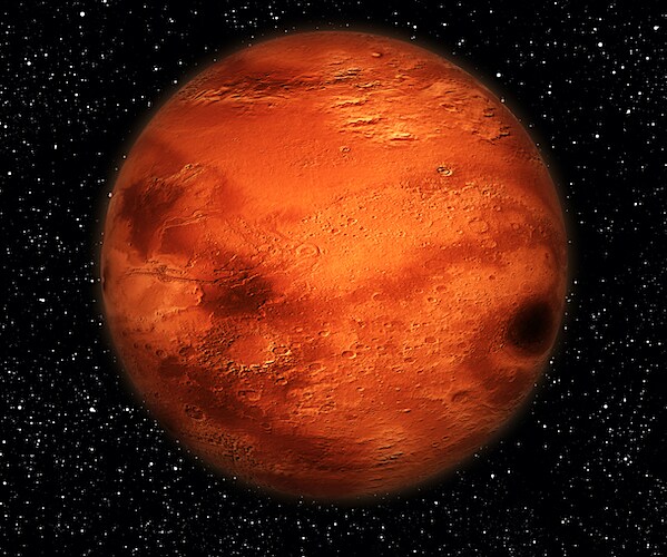 a view of the red planet mars against a star-peppered space