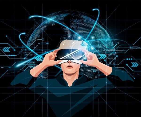 man holding virtual reality glasses on futuristic interface three dee world hologram
