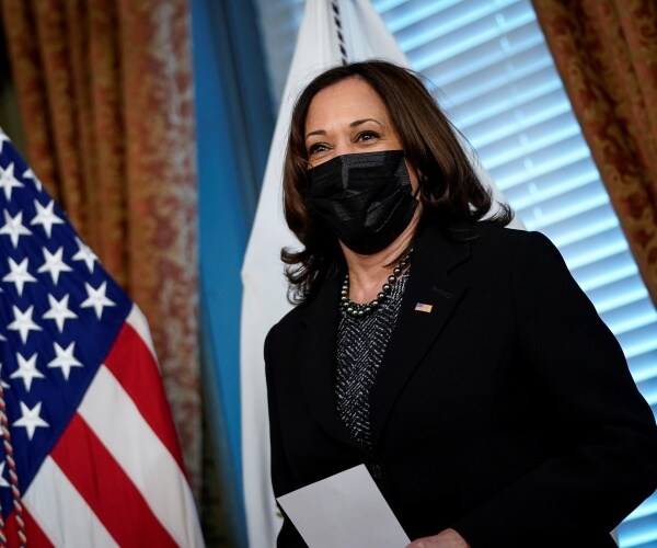 harris in a black blazer and face mask standing near an american flag