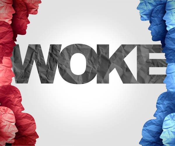 red and blue heads facing each other with the word woke in the middle