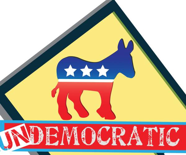 a democratic party donkey over a stamped word undemocratic