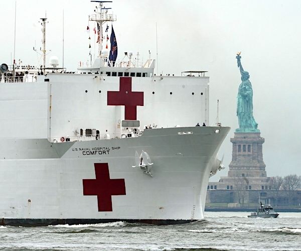 the uss comfort sails through lower manhattan with the statue of liberty in the background