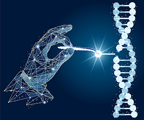 a graphic illustration showing a computer generated human hand effectively imputing a piece of dna into a strand