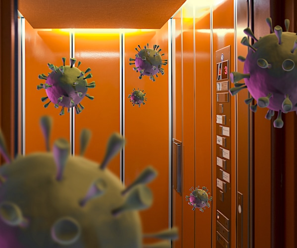 coronavirus spores float in the air into an elevator in a graphic illustration of the airborne virus