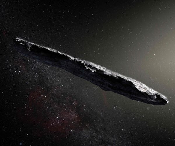 an arist rendition of the oumuamua comet flies through outer space