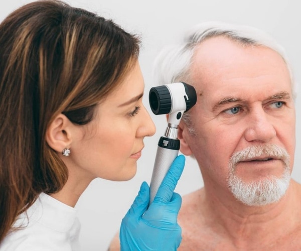 doctor using instrument to look closely at a spot on a man's head