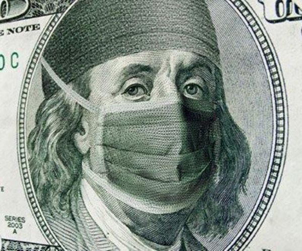 ben franklin on one hundred dollar bill wearing surgical mask