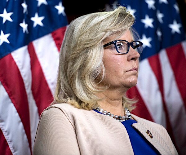 liz cheney stands contrite in front of an american flag