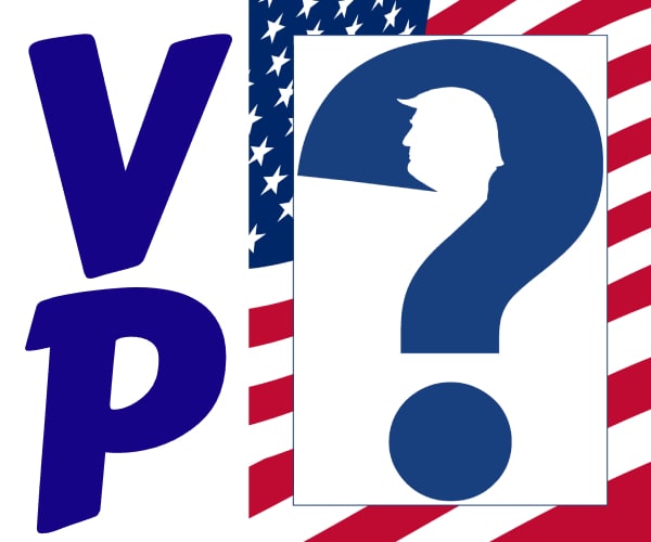 the letters v p with a question mark that has donald trumps profile inside