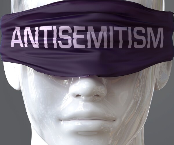 a person wearing a blindfold with the word antisemitism written on it