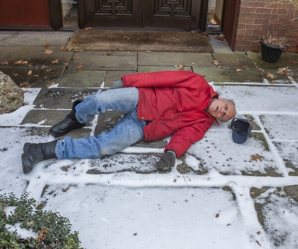 older man on ground after falling on ice