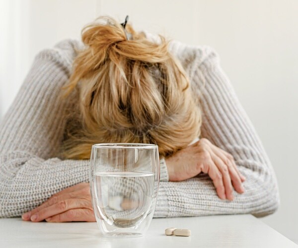 woman with head on table because depressed and a glass of water and a pill in front of her