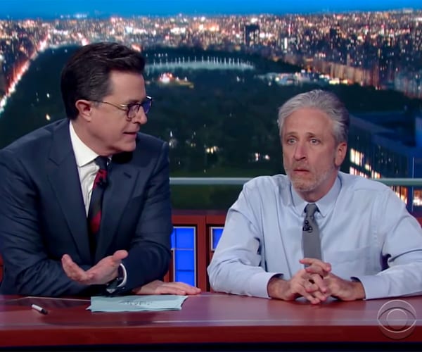 Jon Stewart on Colbert's Late Show Mocks Trump, Journalists