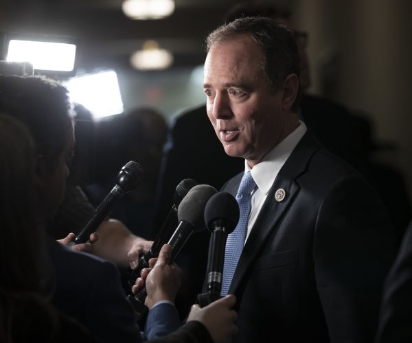 rep. adam schiff speaks with reporters as he arrives for democratic leadership elections.