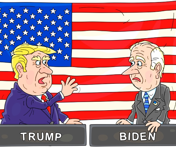 cartoon of trump at biden debating in front of an american flag