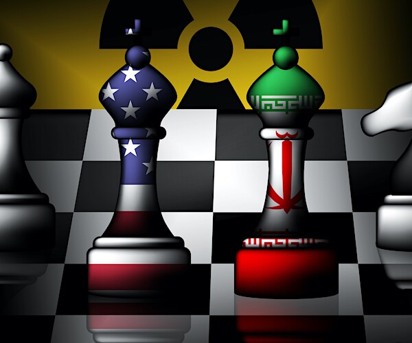 chess pieces with flags of american and iran