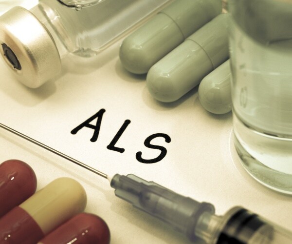 'ALS' in block letters surrounded by pills, vial, syringe