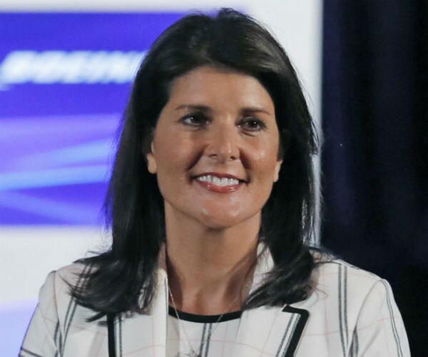 nikki haley is shown at a boeing shareholders meeting