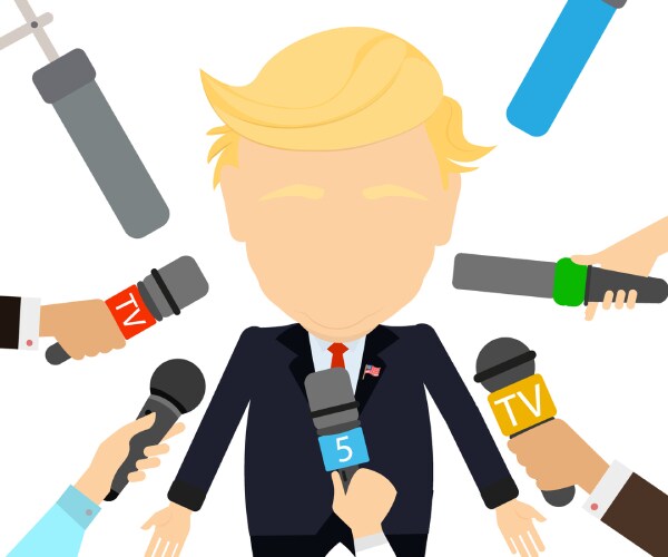 a cartoon of trump with news microphones surrounding him