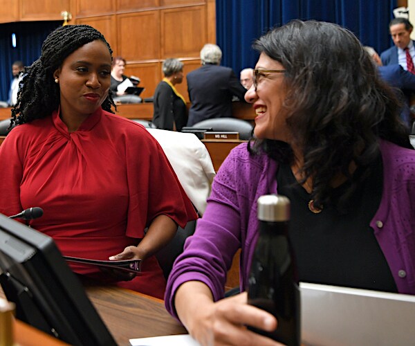 ayanna pressley and rashida tlaib speak after a congressional hearing