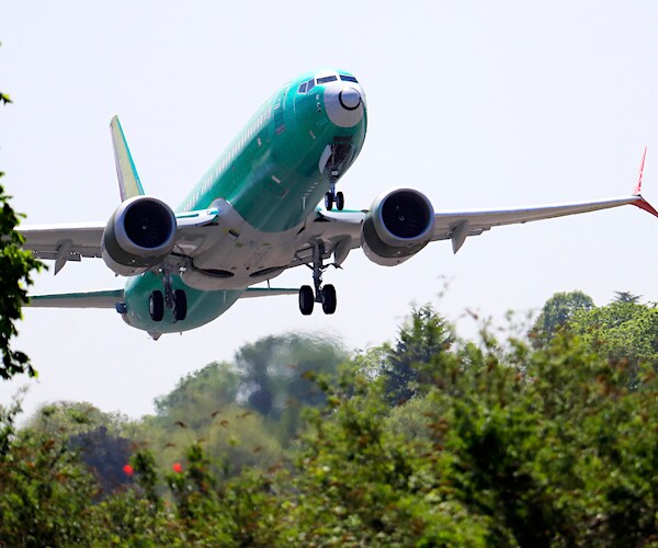 a boeing 737 max jet comes in for a landing over trees before a pale blue sky