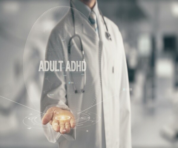 A scientist holding out hand with Adult ADHD written out