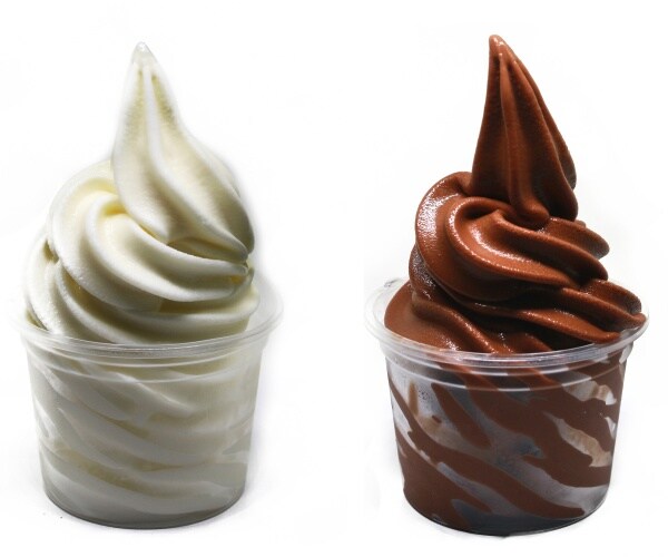 cup of vanilla and cup of chocolate soft-serve ice cream