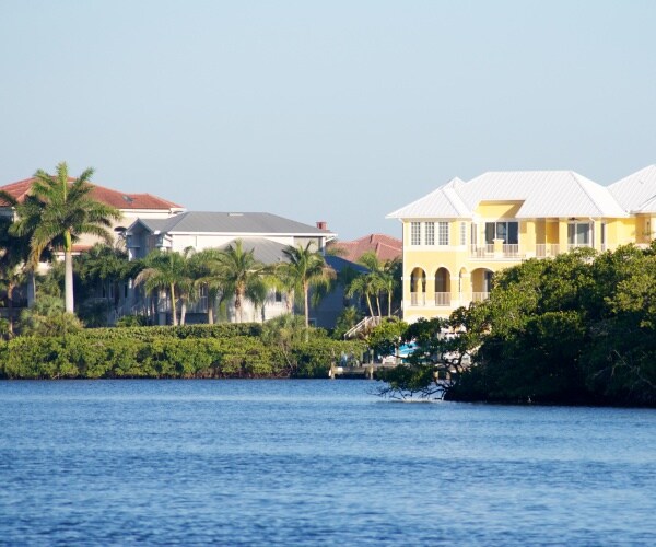 florida homes on the water with palm trees nearby