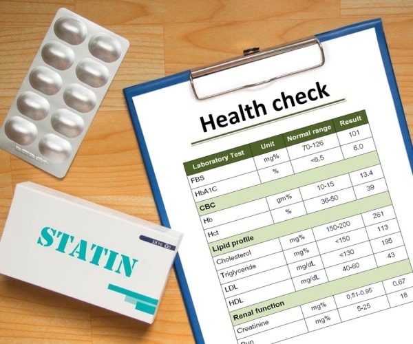 blood test results of cholesterol, other measures, box of statin medication