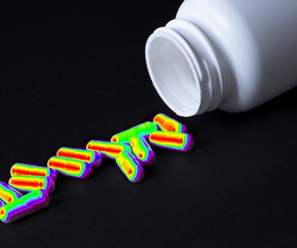 brightly neon-colored capsules coming out of pill container